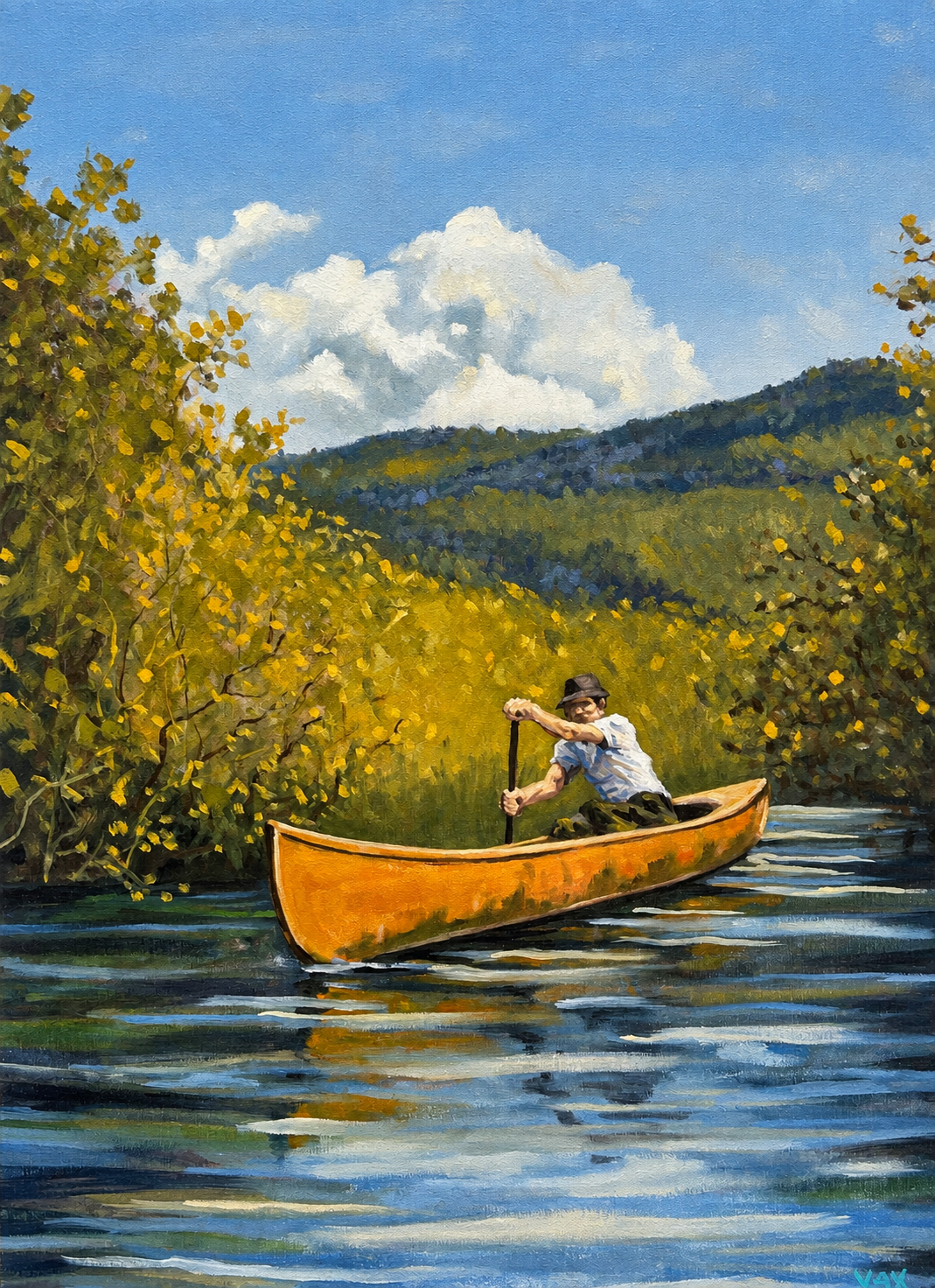 Painting of a canoeist on a river surrounded by autumn trees