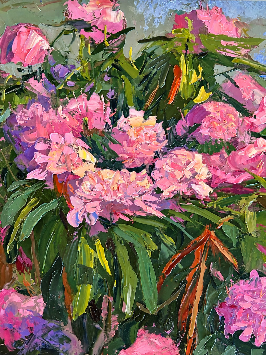 Textured painting of pink flowers and green foliage