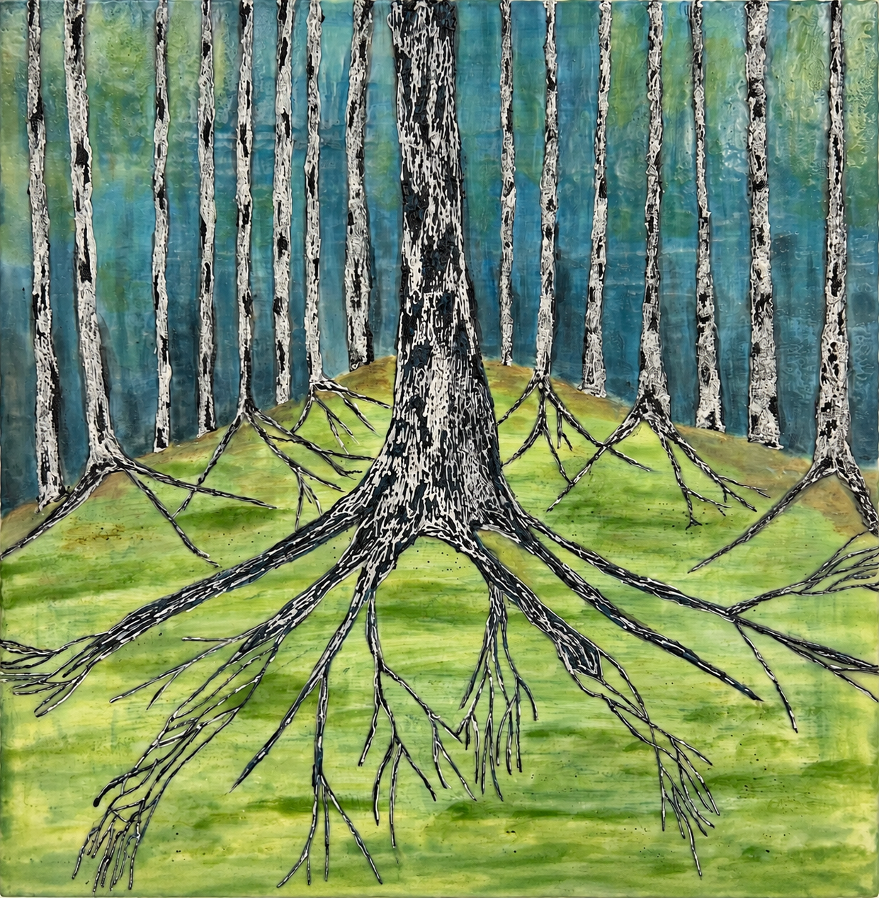 Artwork depicting forest trees and their spreading roots